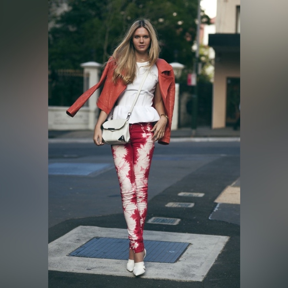 NWT ISABEL MARANT Red White Tie Dye‎ Denim Jeans Pockets Cotton Size 42